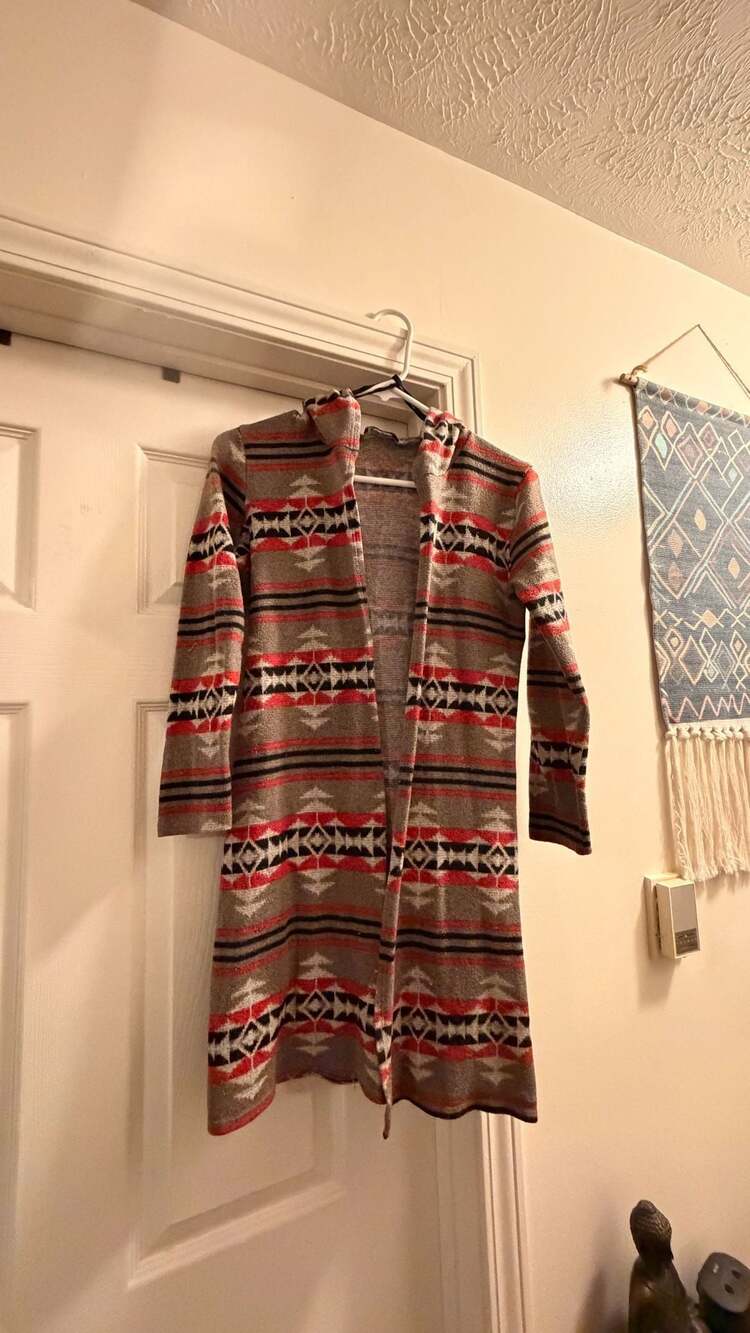 Deb Aztec Southwestern Print Open Front Hooded Long Cardigan Sweater